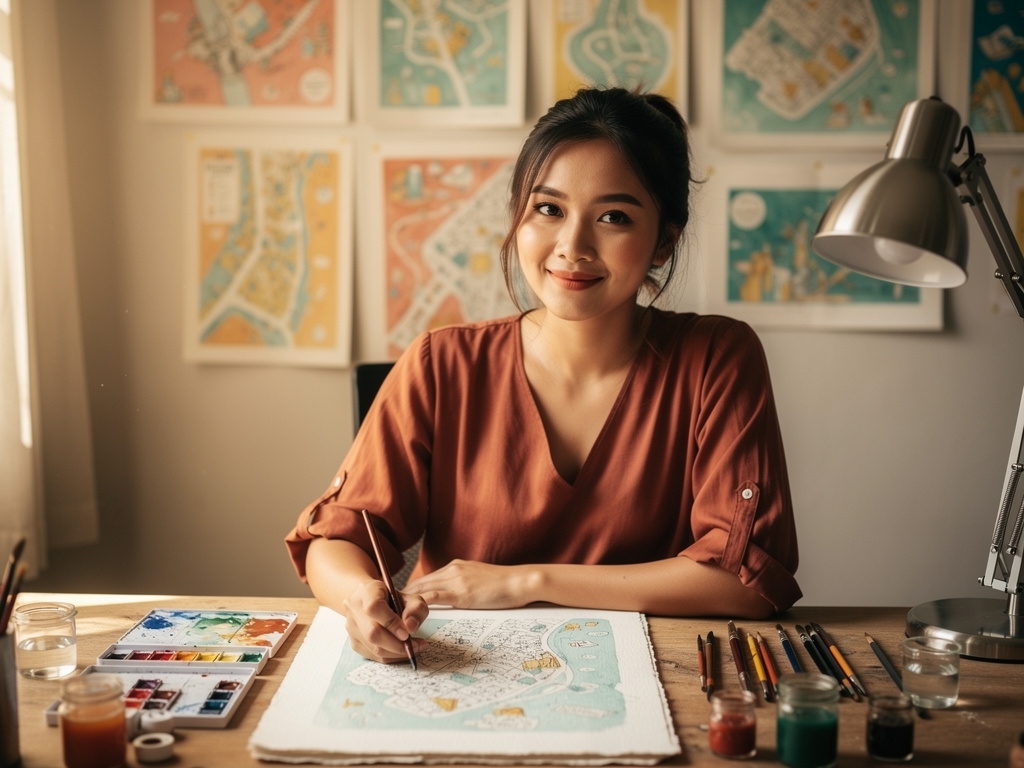 Ilustrator muda perempuan Sombreki sedang bekerja di meja gambar dengan lampu kerja