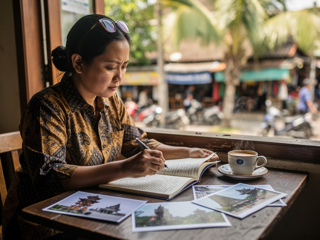 Peneliti destinasi wisata perempuan Sombreki sedang membaca catatan lapangan di kedai kopi lokal